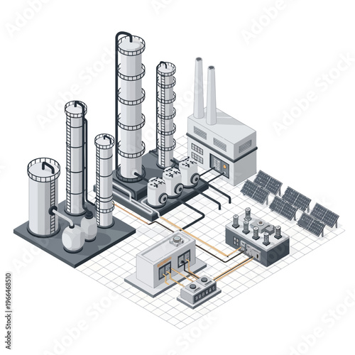 Isometric illustration of a modern industrial complex featuring distillation towers, processing units, solar panels, and a control center, representing integrated energy and manufacturing.