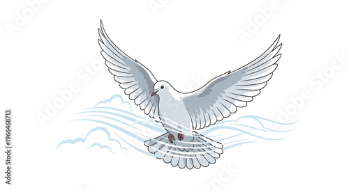 Beautiful white dove with its wings fully extended flies gracefully through soft white clouds and blue artistic wind lines.