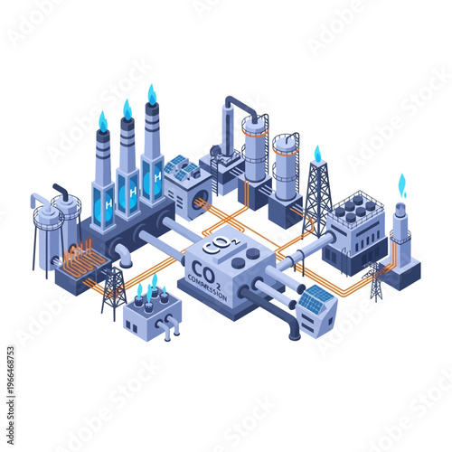 Isometric illustration of a modern industrial complex focused on carbon capture and hydrogen production, showcasing advanced technology and sustainable energy solutions.