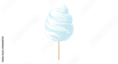 Large fluffy swirl of light blue cotton candy is served on a thin wooden stick against a clean white background.