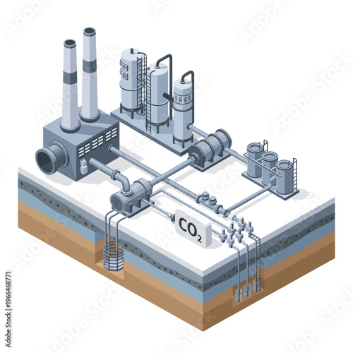 Illustration of a carbon capture and storage facility, showing industrial processes for CO2 sequestration underground.