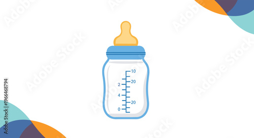 Clear plastic baby bottle with blue measurements and a yellow nipple is shown against a colorful abstract corner pattern.