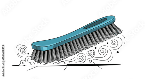 Blue plastic scrubbing brush used for household cleaning tasks shown with soap suds and motion swirls on a white surface.
