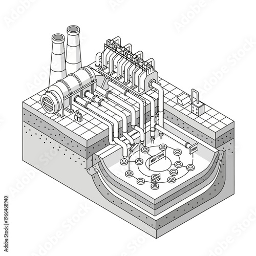Isometric illustration of a nuclear power plant's reactor and turbine hall, showing underground containment structures and above-ground industrial elements.