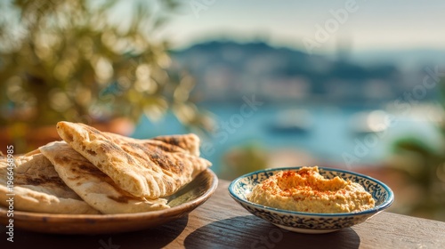 Delicious Hummus  Pita Bread with Scenic City  Sea View.