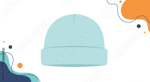 Light blue knitted beanie hat centered on a background with colorful abstract waves and orange and blue organic shapes.