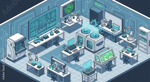 Isometric Science Lab with Advanced Equipment and Futuristic Technology.