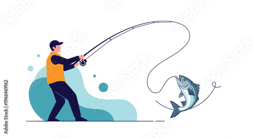 Enthusiastic fisherman in a yellow vest reeling in a large blue fish with a fishing rod during a successful outdoor trip.