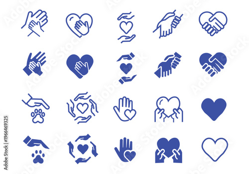 Charity hands icon set. Donation and aid symbol. Friendship logo. Vector illustration.