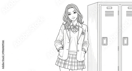 Anime Girl Standing Next to School Lockers Sketch.