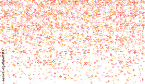 Falling pixelated confetti in shades of pink orange and yellow on white