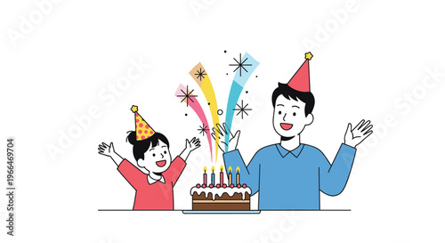 Happy father and young daughter wearing party hats celebrating a birthday with a chocolate cake and lit candles.