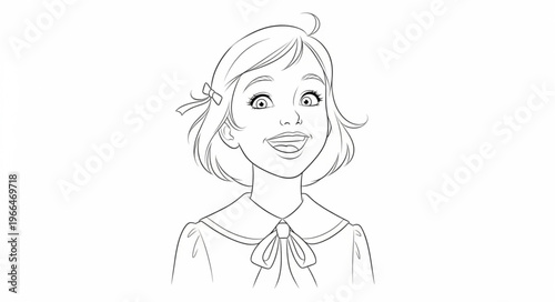 Anime girl with a bow smiling and looking up with joy.