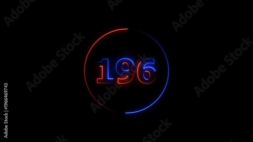 A circle animation, and glowing neon number 196 animation. on a black background. 4k video