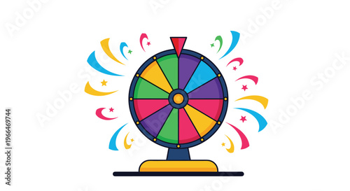 Colorful wheel of fortune game with various colored segments surrounded by festive streamers and stars for a contest.