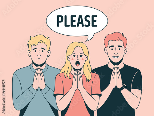 Three People Pleading with Praying Hands and Speech Bubble