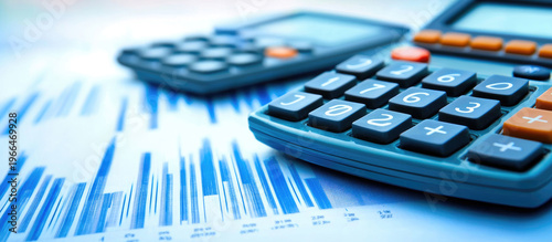 Close up of a teal calculator with orange buttons rests on blue financial charts with a second calculator in the blurred background under cool blue lighting