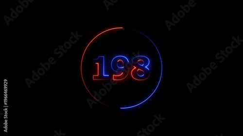 A circle animation, and glowing neon number 198 animation. on a black background. 4k video
