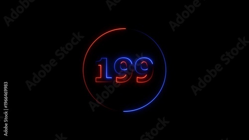 A circle animation, and glowing neon number 199 animation. on a black background. 4k video