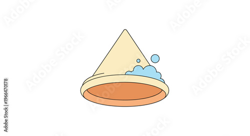 Tan cone-shaped object resting on its wide base with a cluster of blue soap bubbles attached to one side.