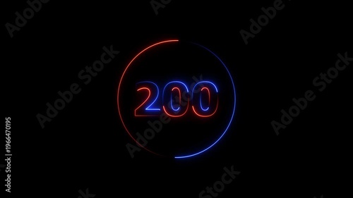 A circle animation, and glowing neon number 200 animation. on a black background. 4k video