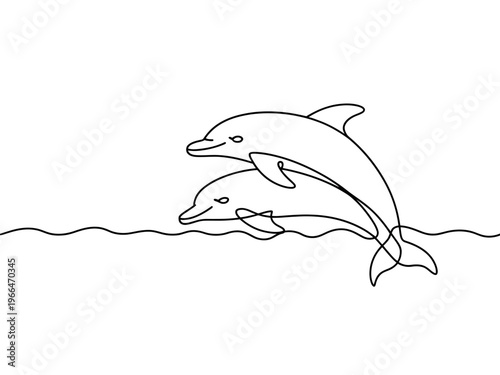 Simple Line Art of Two Dolphins Leaping Out of Water