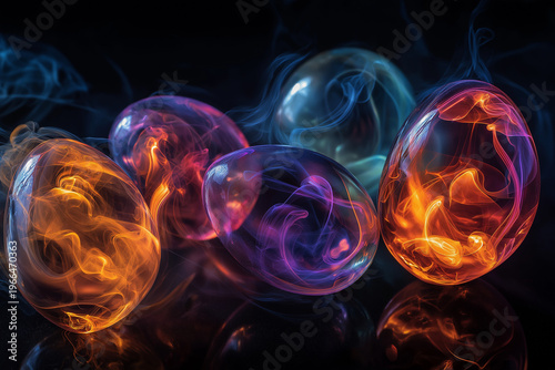 Transparent eggs filled with colorful smoke, abstract concept, dark background, vibrant contrast
