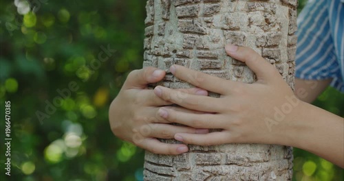 peaceful and authentic shot showing human hands gently hugging a large tree in a lush green backyard garden. symbolizing environmental conservation 