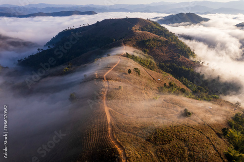 Landscape of Morning Mist with Mountain Layer. mountain ridge and clouds in rural jungle bush forest