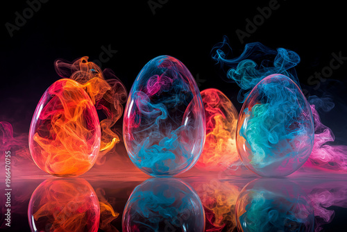 Transparent eggs filled with colorful smoke, abstract concept, dark background, vibrant contrast