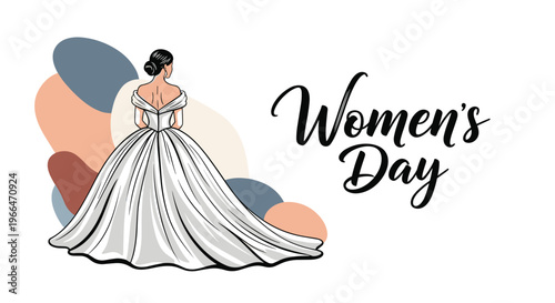 Elegant woman wearing a grand white ball gown seen from behind with Women's Day text and abstract shapes for celebration and fashion design.