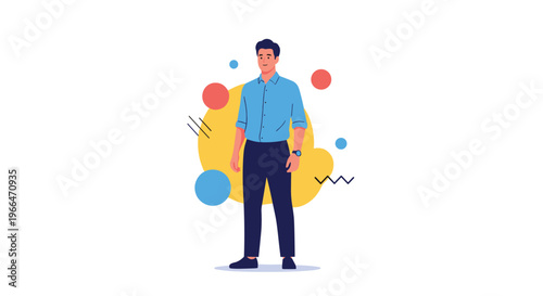 Confident young man in a blue shirt and dark trousers against a colorful abstract background for lifestyle and professional business concepts.