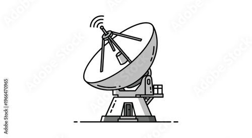 Large parabolic satellite dish antenna for telecommunications and space research isolated on a plain white background with signal wave symbols.