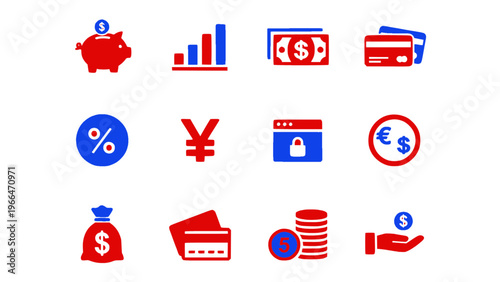 Icons for money, currency, and financial concepts.