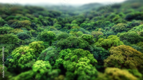 Lush Green Forest Canopy with Misty Mountains, Aerial View, and Natural Beauty.