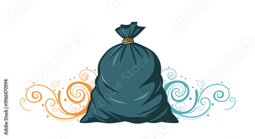 Large dark blue tied bag or sack shown with decorative swirl patterns for waste management, storage, or commercial packaging concepts.