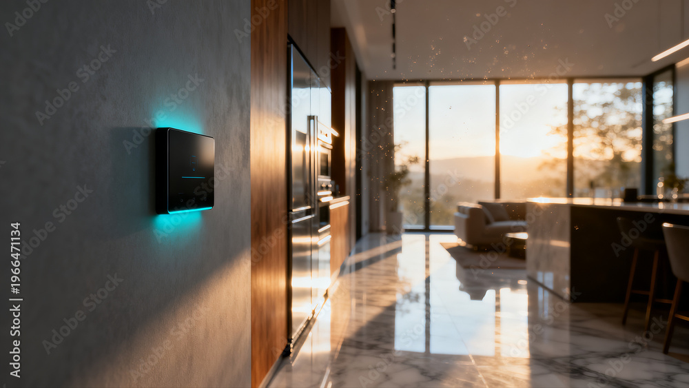 Fototapeta premium Smart Home Wall Charger glowing with blue light in a modern living room with sunset view