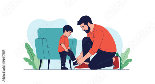 Caring man kneeling to help a small boy put on his shoes in a living room setting illustrating parenting, support, and family life.