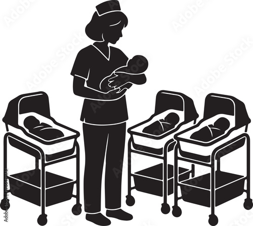 Nurse Holding Newborn Baby Silhouette, Neonatal Care Vector, Healthcare Professional Graphic, Maternity Ward Logo Design