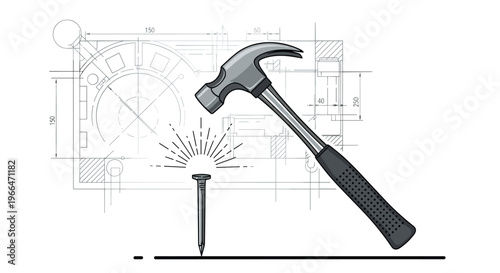 Steel claw hammer striking a metal nail over a technical blueprint background symbolizing construction, renovation, and DIY home improvement.