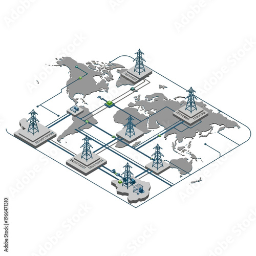 Global energy grid connecting power transmission towers across continents on a world map illustration.