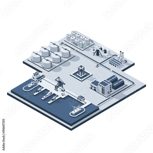 Isometric illustration of an industrial complex showcasing oil and gas extraction, refining, storage, and transportation infrastructure.