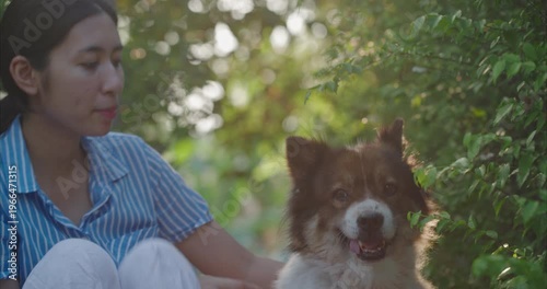 heartwarming scene of a happy young Asian girl playing and bonding with her pet dog in a lush green backyard garden. pet care, and domestic happiness