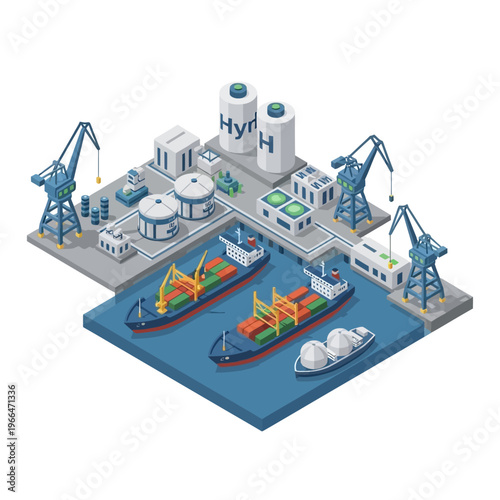 Isometric illustration of a modern industrial port facility for the import and export of hydrogen and containerized cargo.