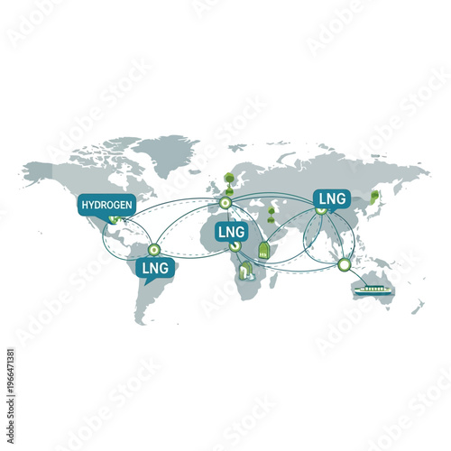 Global map illustrating the interconnectedness of hydrogen and LNG supply chains across continents, highlighting international trade routes and energy infrastructure.