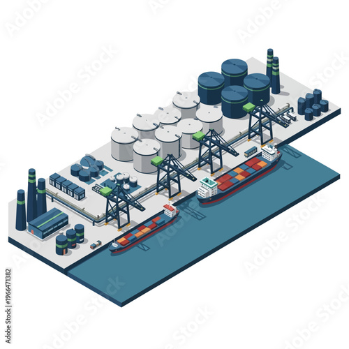 Isometric illustration of a modern industrial port with cargo ships, cranes, storage tanks, and industrial facilities.