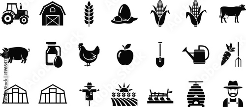 Agriculture and farming icons set with various barn, livestock, crop, and farm worker symbols