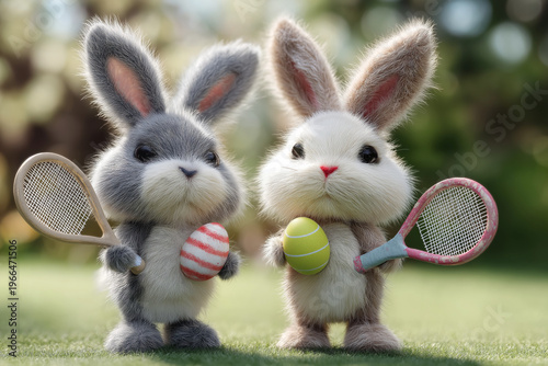 Two cute fluffy grey Easter bunnies playing tennis with painted colorful Easter eggs on a green lawn in spring sunny day. Springtime holidays fun