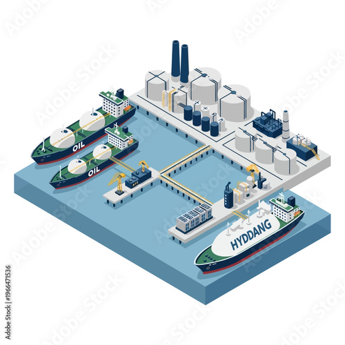 Illustration of a modern industrial port facility for handling liquefied natural gas (LNG) with ships and storage tanks.