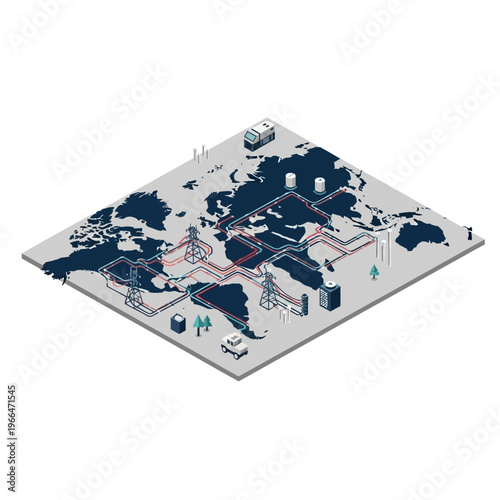 Isometric illustration of a global energy grid connecting continents with power lines, substations, and industrial facilities.